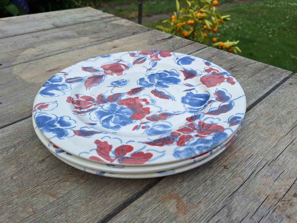 3x Vintage Dinerborden EIT England - Bloemen Blauw/Rood, Ophalen of Verzenden