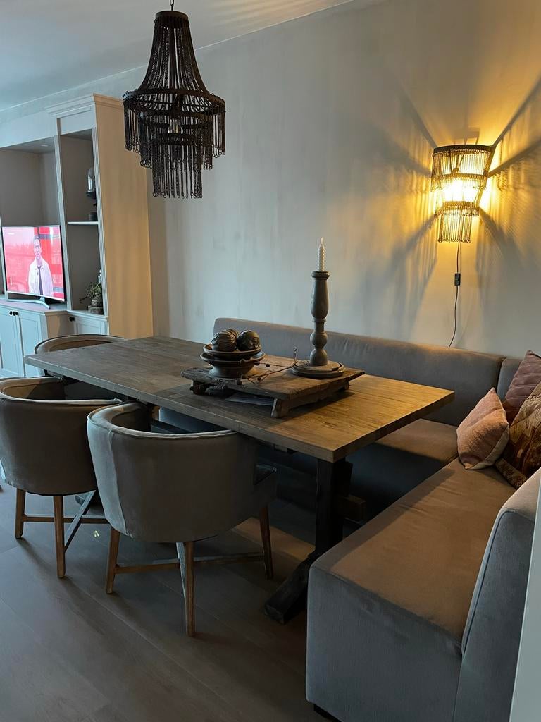 Complete eethoek: aurapeerperkorn tafel, Dirkjes stoelen & h, Huis en Inrichting, Complete eetkamers, Ophalen of Verzenden, Gebruikt