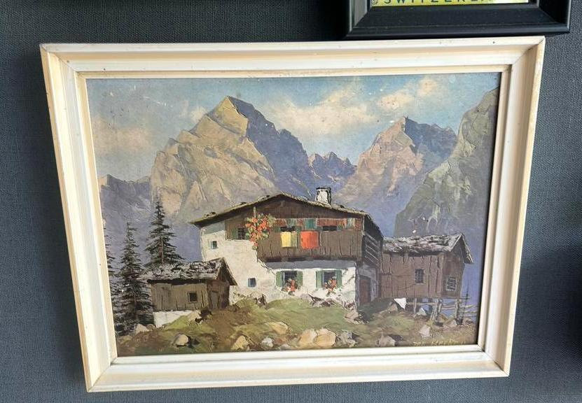 Prent in oud lijstje Zwitsers chalet met bergen, Ophalen of Verzenden