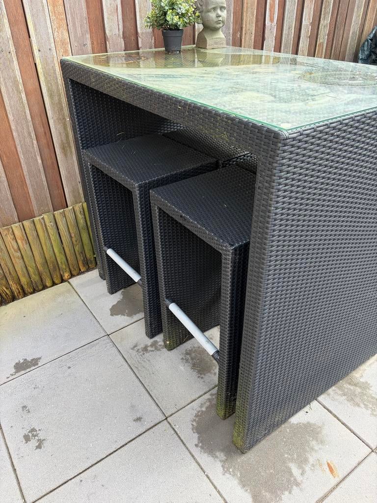 Wicker bar/tuintafel met 4 krukken, Tuin en Terras, Tuintafels, Ophalen, Gebruikt, Rechthoekig, Wicker