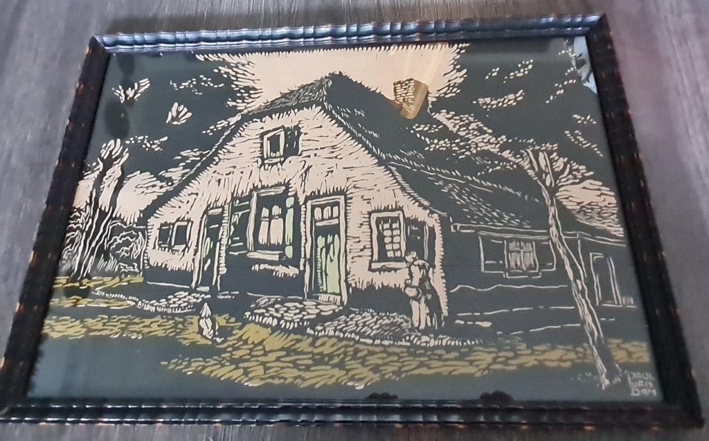 Paul van Dam - houtsnede - Veluwse boerderij - gesigneerd, Antiek en Kunst, Kunst | Schilderijen | Klassiek, Ophalen of Verzenden