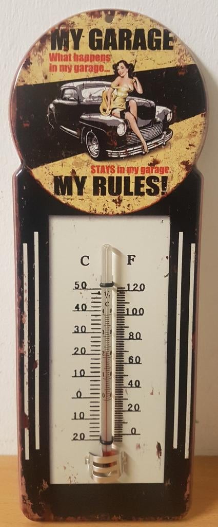 My garage My rules pinup thermometer van metaal wanddeco, Huis en Inrichting, Woonaccessoires | Wanddecoraties, Nieuw, Ophalen of Verzenden