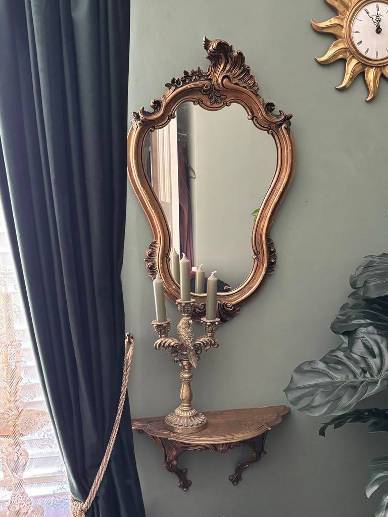 Antieke spiegel met console - Goudkleurig, Ophalen, Overige vormen, 50 tot 100 cm, 100 tot 150 cm