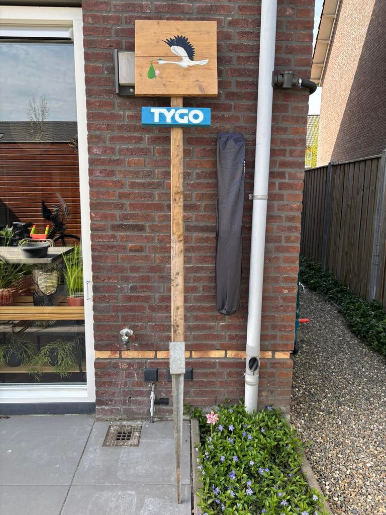 Uniek handgeschilderd geboortebord ooievaar met baby, Ophalen, Gebruikt, Geboortebord