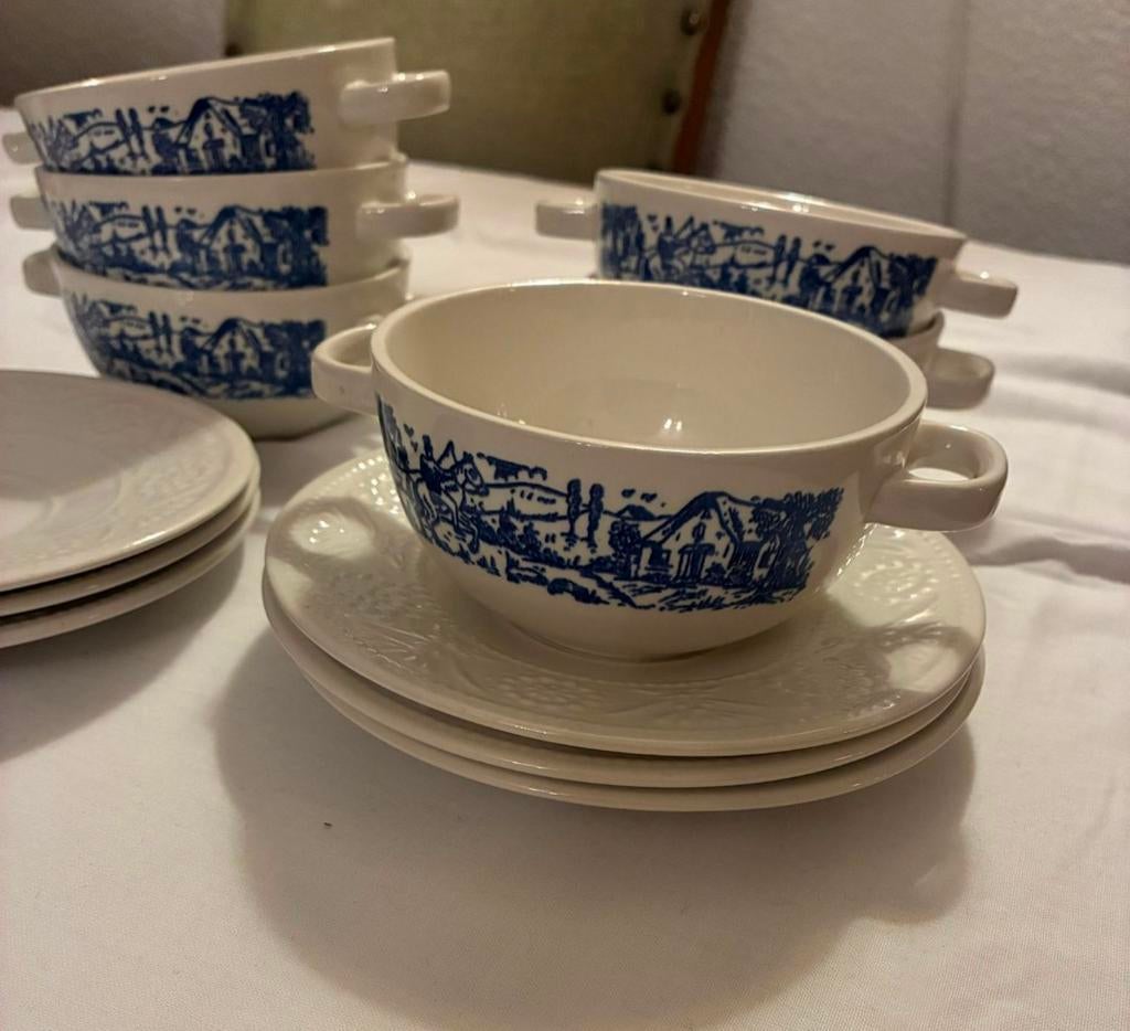 6 Soepkommen Met Schotels - Blauw/Wit Landschap, Ophalen, Gebruikt, Keramiek, Kom(men)