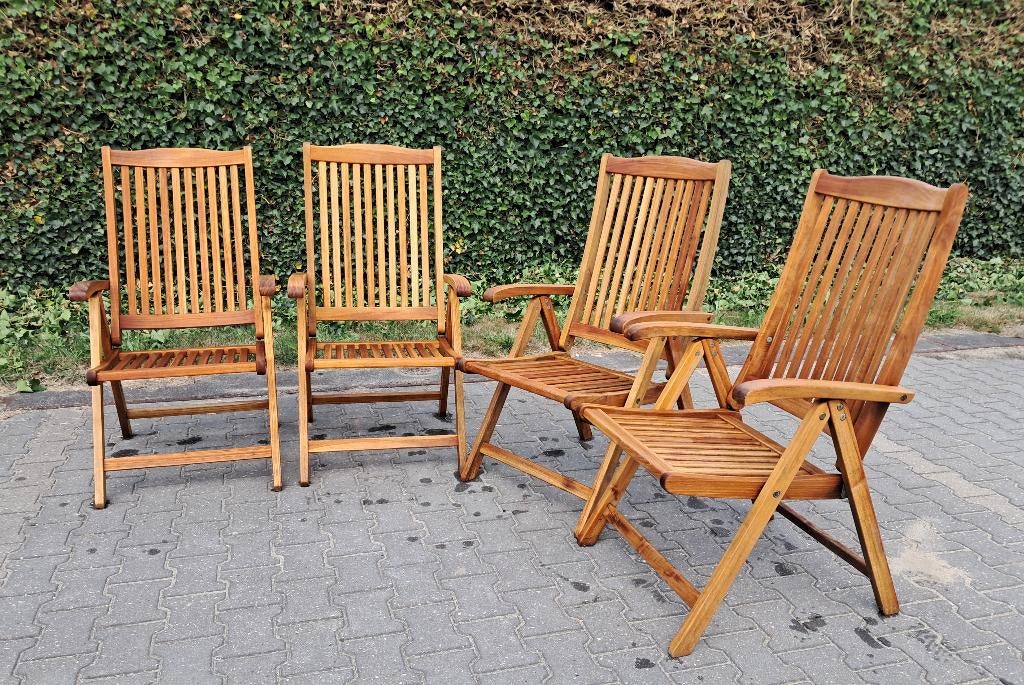 4 + 1 Populair Teak type Veronica standenstoelen, inklapbaar, Ophalen, Gebruikt, Teakhout, Verstelbaar