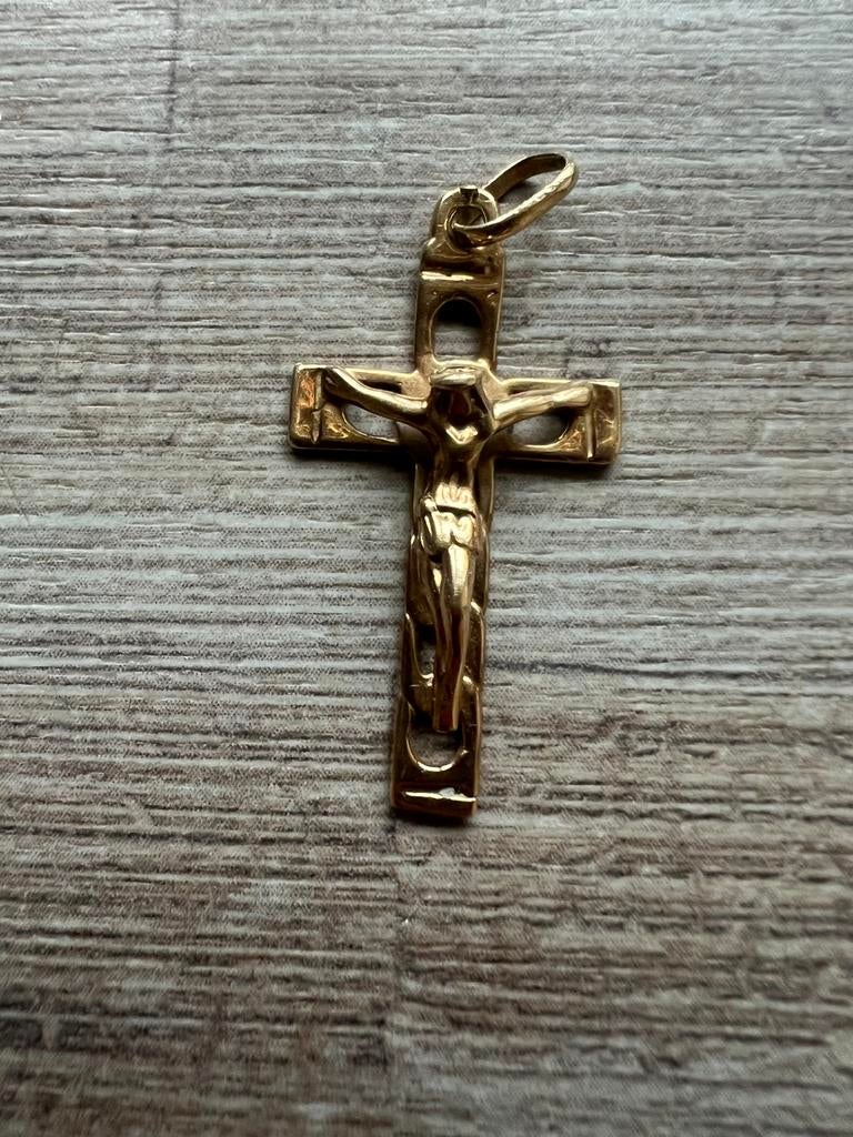Gouden kruis hanger gemerkt 585, Sieraden, Tassen en Uiterlijk, Kettinghangers, Ophalen, Zo goed als nieuw, Goud, Kruis of Symbool
