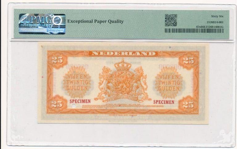 NL muntbiljet 25 gulden Wilhelmina 1943 SPECIMEN’ PMG 66 EPQ, Postzegels en Munten, Bankbiljetten | Nederland, Ophalen of Verzenden