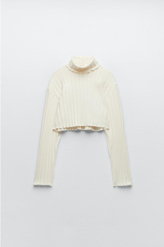 Dames Zara coltrui trui knit cropped ribtop top maat S ecru, Ophalen of Verzenden, Zo goed als nieuw, Lange mouw, Maat 36 (S)