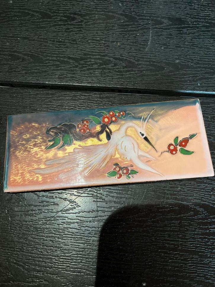 Vintage Cloisonné Email Tegel met Kraanvogel en Bessen, Verzamelen, Disney, Zo goed als nieuw, Ophalen of Verzenden