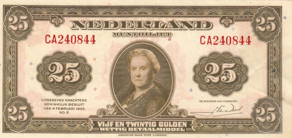 Wilhelmina -25 gulden 1943 UNC zie omschrijving - AV 51.1, Postzegels en Munten, Bankbiljetten | Nederland, 25 gulden, Verzenden