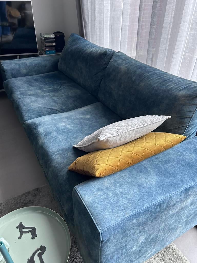 Petrol velours bankstel 3-4 persoons, Ophalen, 75 tot 100 cm, Zo goed als nieuw, VT wonen