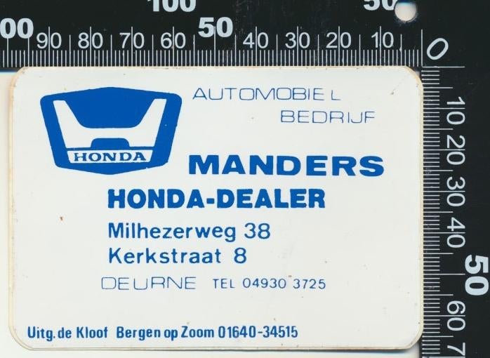 Sticker: Automobielbedrijf Manders - Honda - Deurne, Ophalen of Verzenden, Zo goed als nieuw, Auto of Motor