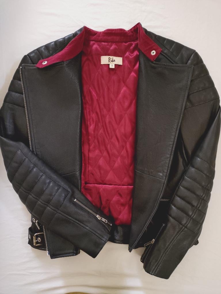 Prachtige lederen biker damesjas, Zwart, Ophalen of Verzenden, Zo goed als nieuw, Maat 36 (S)