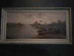 Schilderij Waterlandschap met man in boot opvliegende ganzen, Ophalen of Verzenden