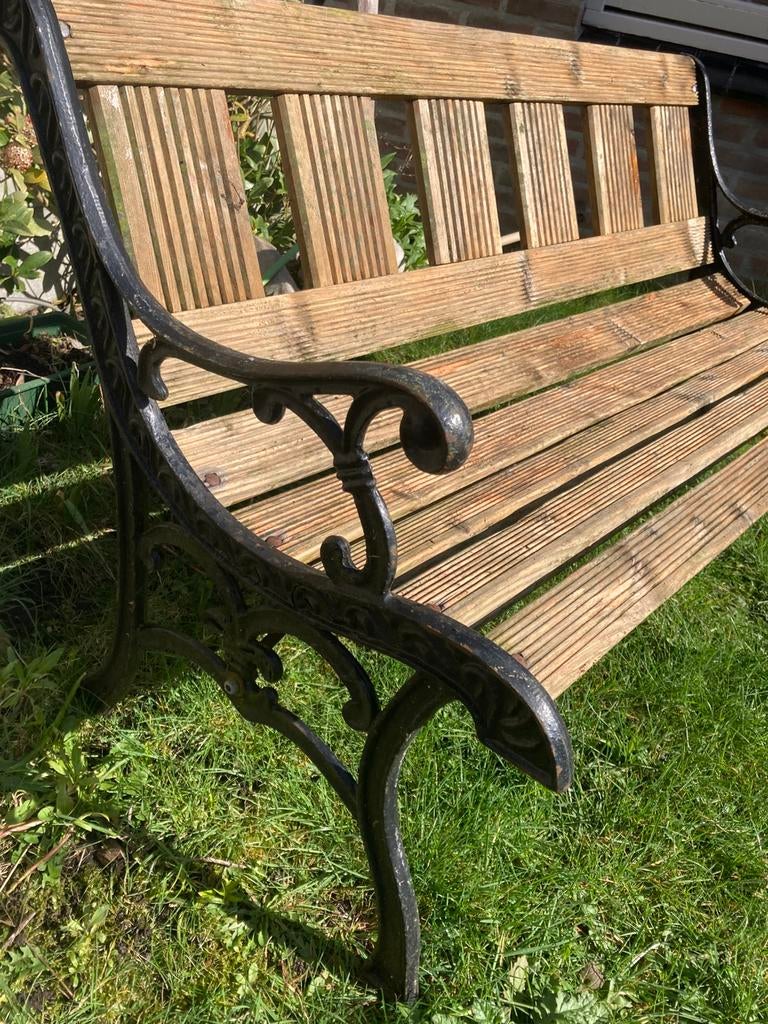 Gietijzeren tuinbank 120 br houten zitting en rugleuning, Tuin en Terras, Tuinbanken, Ophalen, Gebruikt, Metaal
