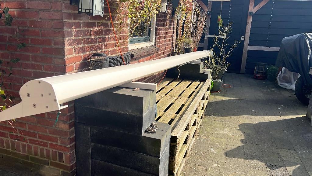 Zonnescherm automatisch, Tuin en Terras, Zonneschermen, Gebruikt, Knikarmscherm, 150 tot 300 cm, 450 cm of meer, Elektrisch, Ophalen