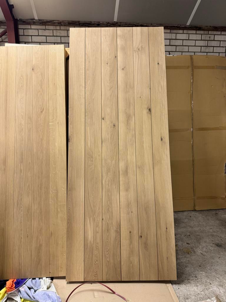Massief eiken tafel 2.40 x 95 cm (incl. poten), Huis en Inrichting, Tafels | Eettafels, Gebruikt, Eikenhout, 200 cm of meer, Vijf personen of meer