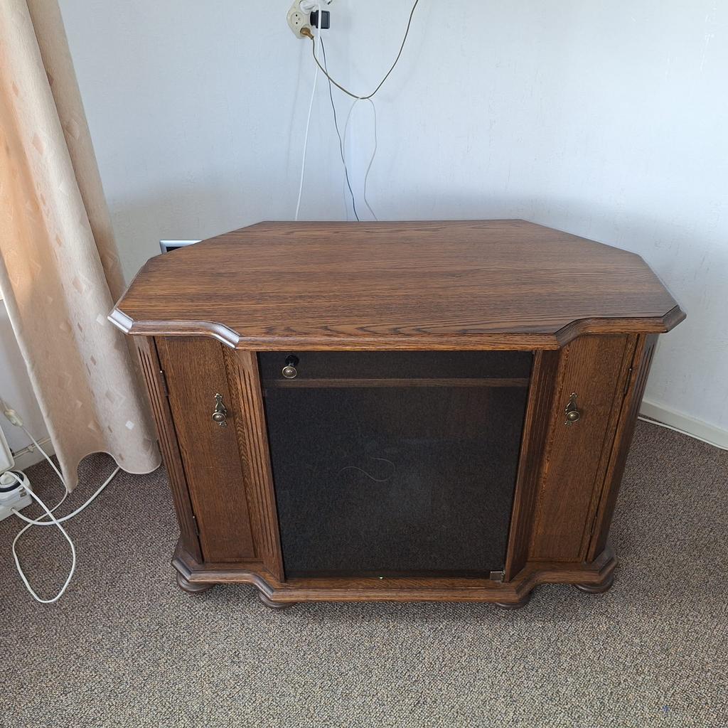 Houten tv-kast met glazen deurtje, Huis en Inrichting, Kasten | Televisiemeubels, Ophalen, Gebruikt, 100 tot 150 cm, Minder dan 100 cm