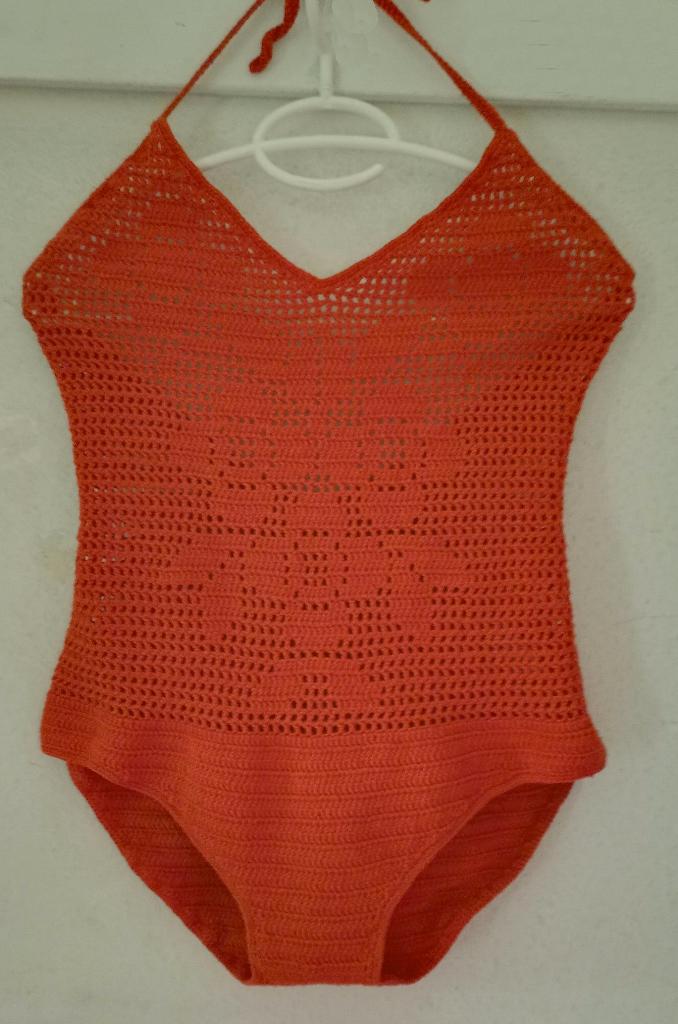 Vintage jaren '60 '70 badpak oranje gehaakt gebreid XS S, Ophalen of Verzenden, Zo goed als nieuw, Oranje, Badpak