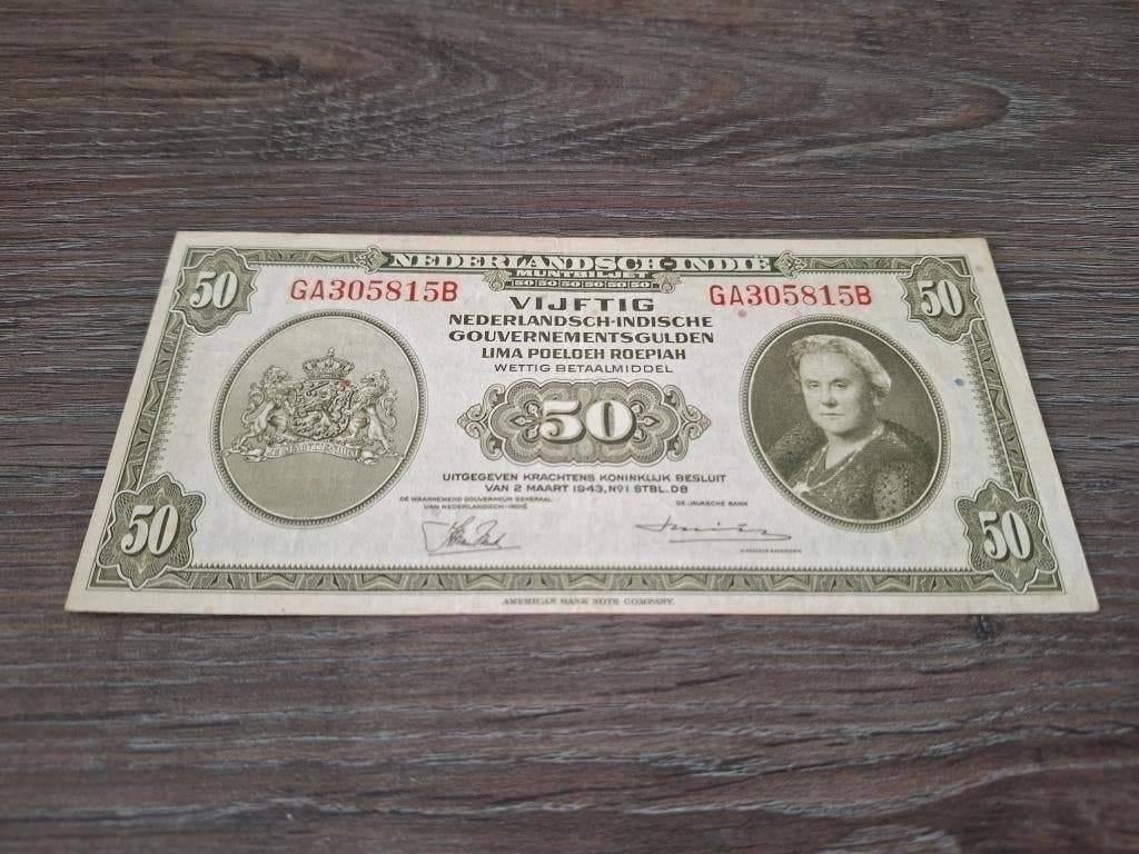 Mooi biljet 50 gulden Nederlands-Indië, Wilhelmina 1943, Postzegels en Munten, Bankbiljetten | Nederland, Ophalen of Verzenden