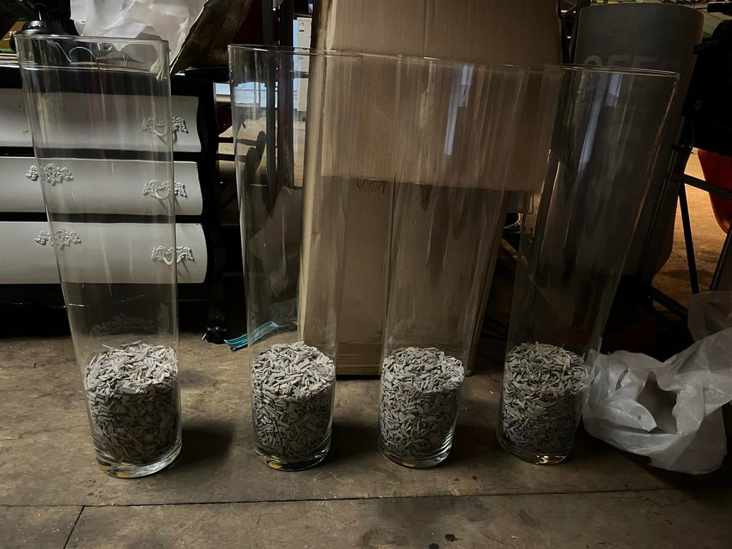 4x Glazen vazen 70 cm hoog, diameter 20 cm, Ophalen, Gebruikt, Overige kleuren, Glas