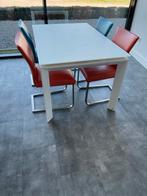 Uittrekbare melkglas tafels met leren stoelen (2x4, 1x6), Ophalen, Gebruikt, 100 tot 150 cm, Glas