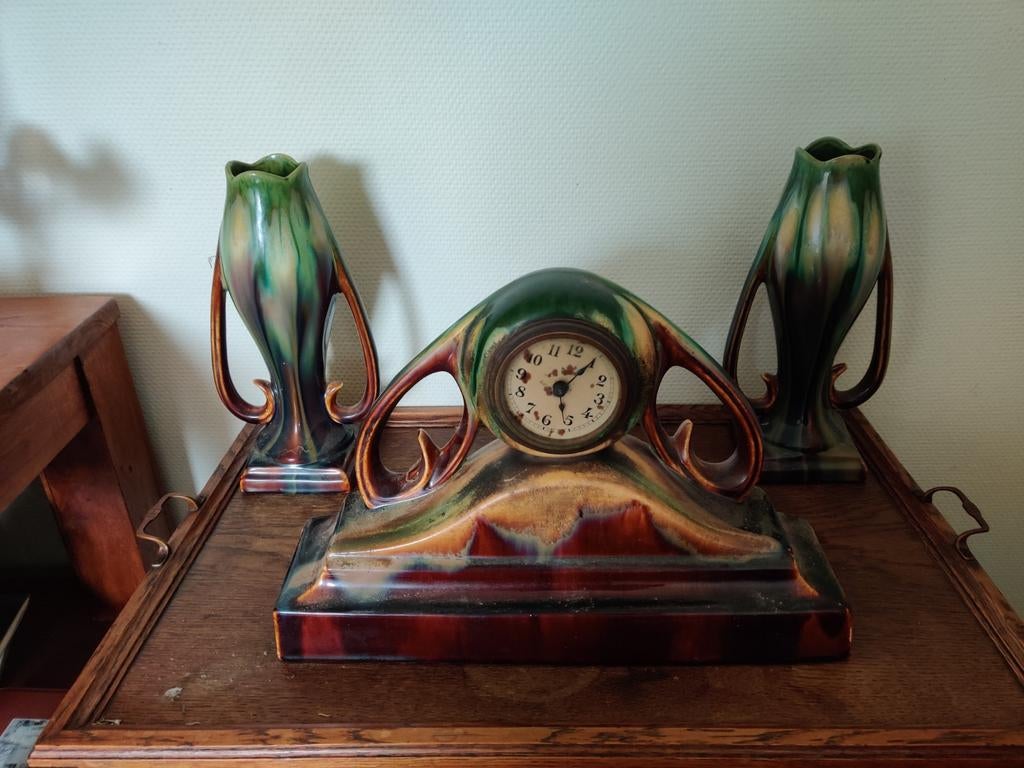 Antieke Art Nouveau Schouwklok met Vazen - Keramiek, Antiek en Kunst, Antiek | Klokken, Ophalen
