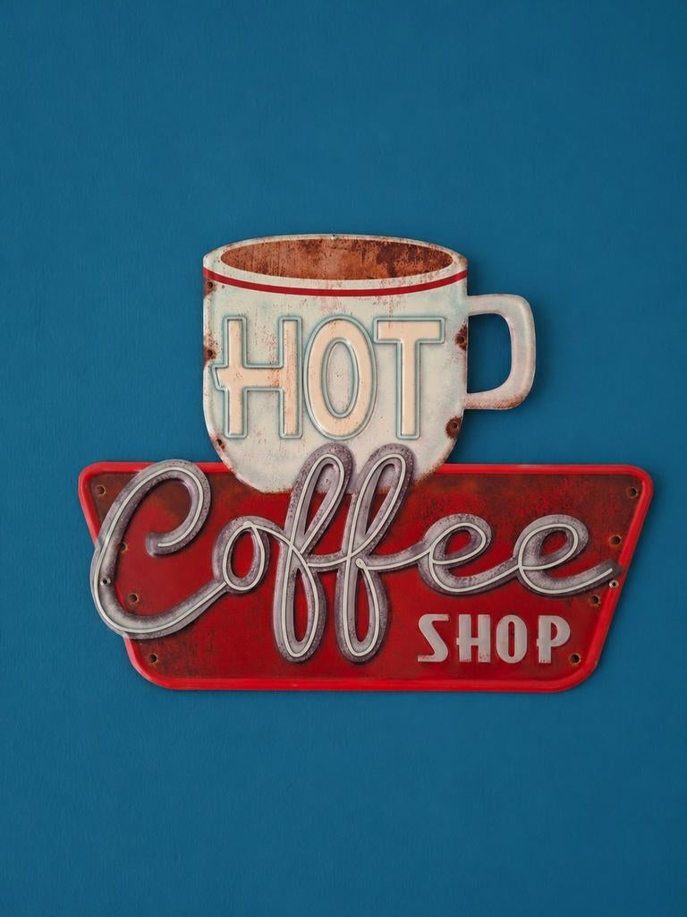 Vintage metalen wandbord "Hot Coffee Shop" met reliëf, Antiek en Kunst, Ophalen of Verzenden