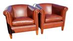 2x Nette Chesterfield club fauteuil bruin leer + BEZORGING, ., Chesterfield, Ophalen of Verzenden, Zo goed als nieuw