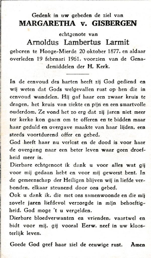 Gisbergen Margaretha 1877 Hooge Mierde 1961, Verzamelen, Ophalen of Verzenden, Bidprentje