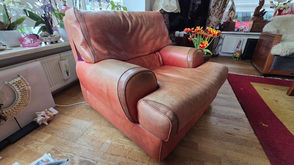 BAXTER fauteuil van buffelleer, nu 100 euro, Ophalen, Gebruikt, Vintage, 75 tot 100 cm