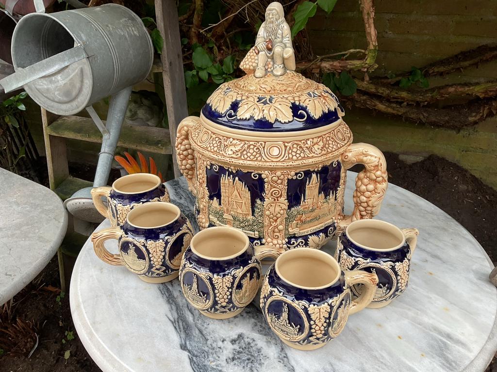 Bierpul met 5 bijpassende mokken, Antiek en Kunst, Ophalen of Verzenden