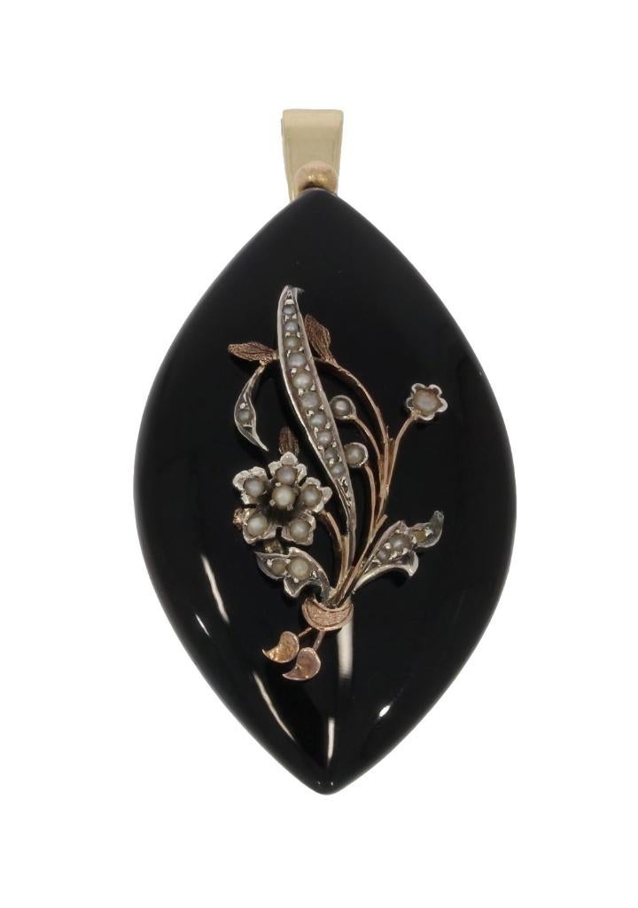 Medaillon parel onyx 14k gouden hanger antiek ketting foto