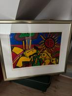 Corneille '97 - Kleurrijke Zeefdruk met Zonnebloem en Figuur, Ophalen of Verzenden