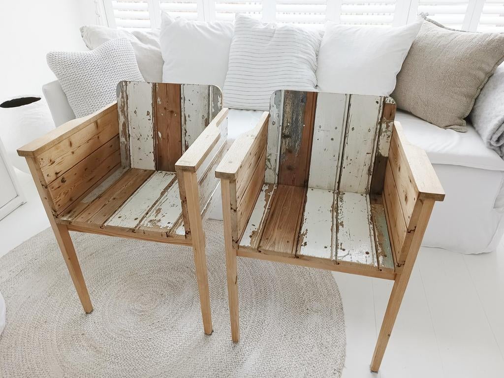 2 Piet Hein Eek fauteuiltjes van sloophout, Huis en Inrichting, Stoelen, Ophalen, Gebruikt, Twee, Wit