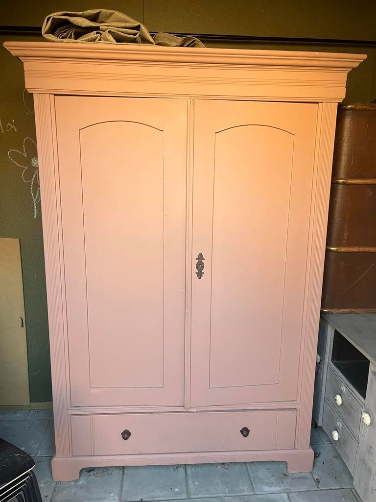 Vintage Kast - Roze Houten Kledingkast met Lade, Huis en Inrichting, Kasten | Kledingkasten, Ophalen, Gebruikt, 100 tot 150 cm