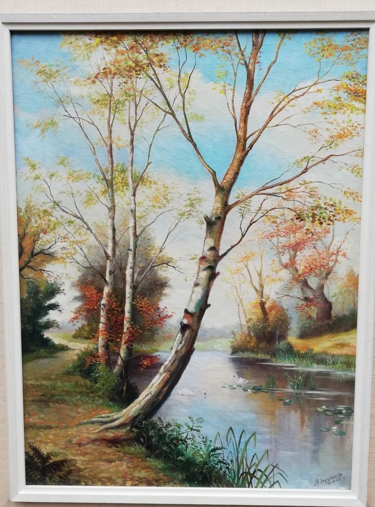 A. Hendericks, Ven met bospad. 1943.Olie/doek. 55/77 cm, Antiek en Kunst, Ophalen