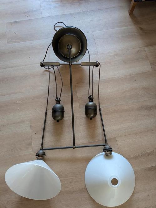 Hanglamp met katrol en glazen kappen, Huis en Inrichting, Lampen | Hanglampen, Gebruikt, 75 cm of meer, Metaal, Ophalen