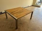 8 persoons vierkante eettafel gemixt hardhout rvs onderstel, 150 tot 200 cm, Vierkant, Ophalen of Verzenden, Zo goed als nieuw