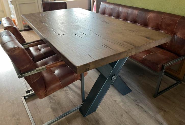 Robuuste eetkamer set, industrieel, leder, Huis en Inrichting, Complete eetkamers, Zo goed als nieuw, 4 tot 6 stoelen, Ophalen