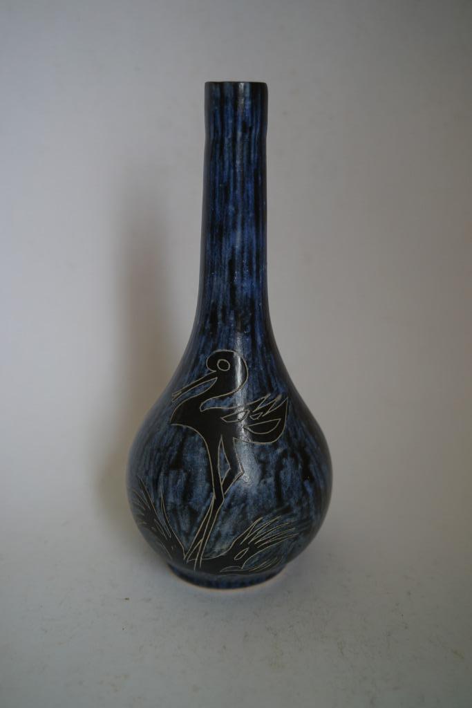 vintage 'De Gats' Keramiek vaas blauw zwart vogel Custers., Huis en Inrichting, Woonaccessoires | Vazen, Zo goed als nieuw, Blauw