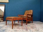 Vintage fauteuil met voetenbank, Deens design, Huis en Inrichting, Fauteuils, Ophalen, Gebruikt, Hout, 75 tot 100 cm