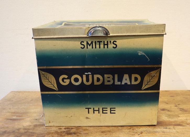 Art Deco winkelblik / theeblik Goudblad Thee, Verzamelen, Blikken, Gebruikt, Thee, Ophalen of Verzenden