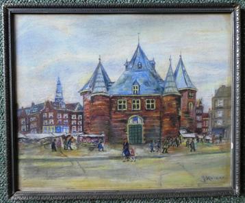  	 pastel schilderij Nieuwmarkt met Waag Amsterdam beschikbaar voor biedingen