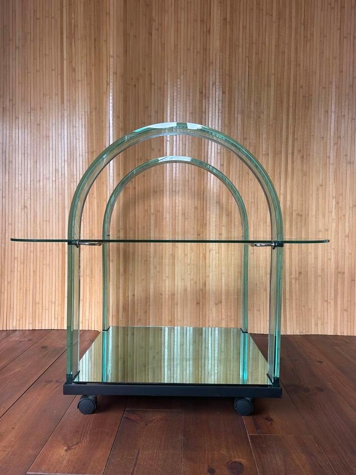 Gebogen groene glazen barwagen van Fiam, Italië, jaren 80, Huis en Inrichting, Barren, Gebruikt, Ophalen