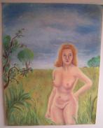 Hubert Bekman Sepiakrijt "NHS naaktpose" vrouw in landschap, Ophalen of Verzenden
