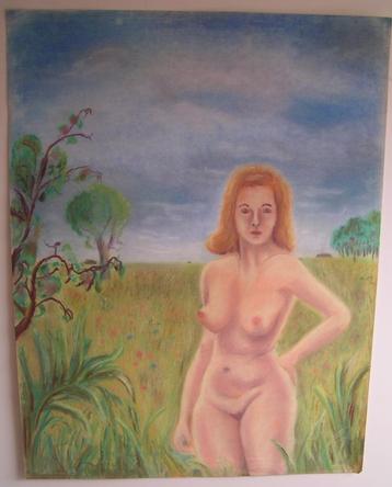 Hubert Bekman Sepiakrijt "NHS naaktpose" vrouw in landschap beschikbaar voor biedingen