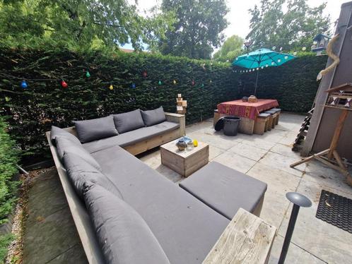 Steigerhouten tuinmeubels (bank, tuinset), kussens en hoezen, Tuin en Terras, Tuinsets en Loungesets, Gebruikt, Loungeset, Steigerhout
