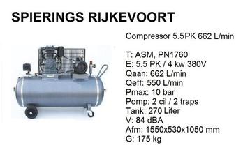 Compressor 5,5pk 650 L/min 380 V tank 270 L Spierings beschikbaar voor biedingen